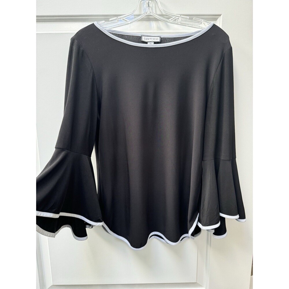 Sam and Jess Black/White Blouse‎ Contrast Trim Bell 3/4 Sleeve Women’s Petite LG